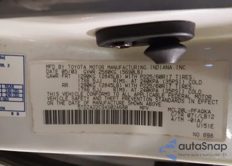 2004 Toyota Sienna Xle Limited z USA, uszkodzony, nr VIN 5TDZA22C94S024680